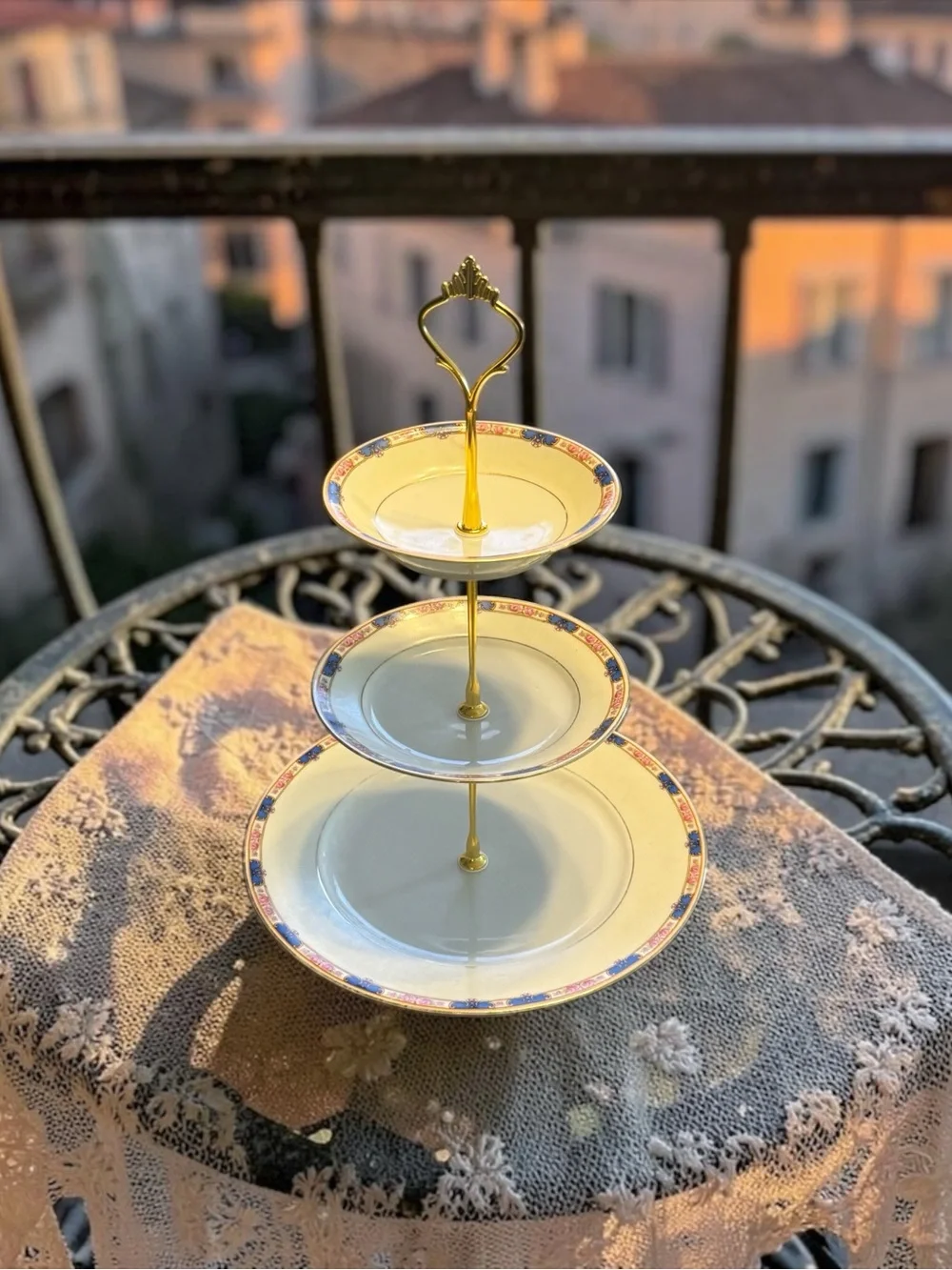 Three-Tier Porcelain Serving Stand White/Pink/Blue plates with Gold Handle